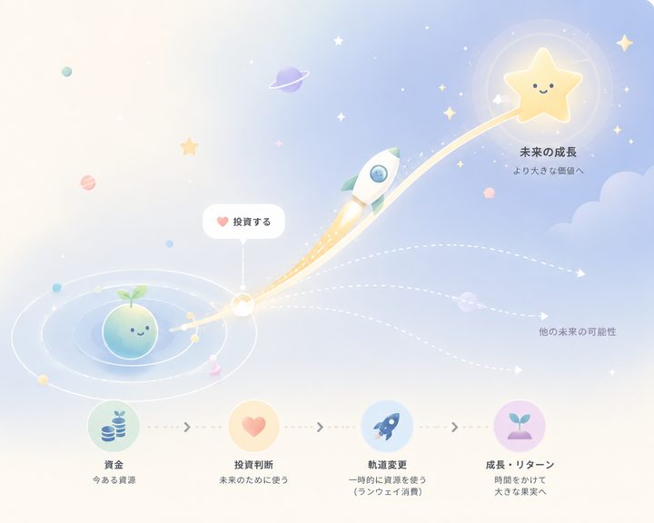 投資判断から未来の成長へつながるもしもシミュレーションのイメージ